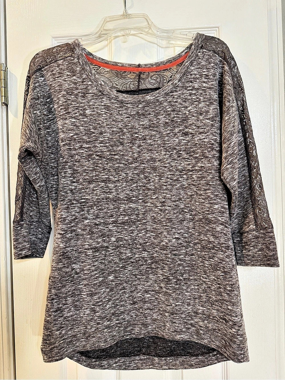 Maurices 3/4 Sleeve Lace Sleeve Top in Gray/Taupe